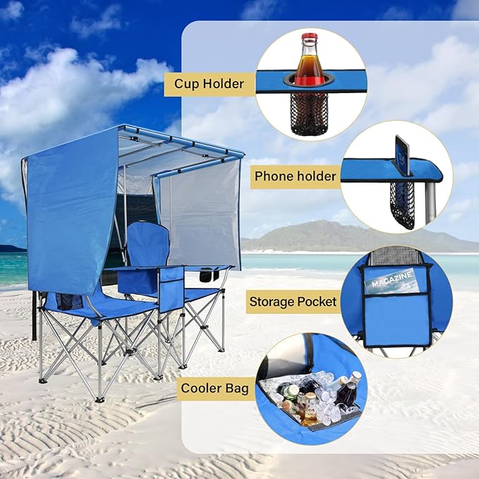 BESTHLS Double Camping Chair with Canopy Shade - Heavy Duty 600D Outdoor Loveseat for Adults, 2-Person Beach Chair with Umbrella, Folding Camp Loveseat for Fishing, Sports, Patio (Blue)