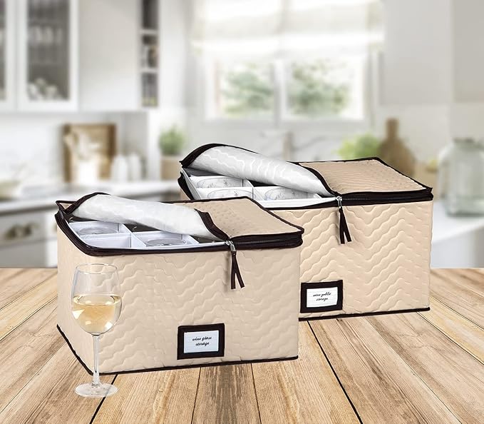 Wine Glass Storage Box with Dividers - Stemware Storage Case, Durable Quilted Microfiber Bin with Carry Handles, Protects Fine China - (2 Pack, Red & White Wine Glass)