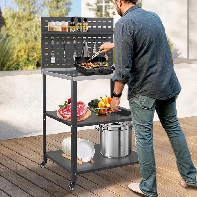 Three-Tier Grill Cart with Hanging Plate,Grill Table with 2 Locking Casters for Patio and Backyard,Stainless Steel Pizza Oven Stand Table,Black