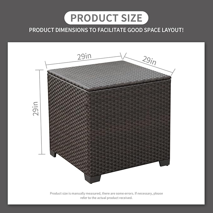 Rattaner 80 Gallon Wicker Outdoor Storage Box Square Patio Storage Bin with Waterproof Lining Bag Deck Storage Box and Cushion Storage Bin Outdoor, Brown Wicker