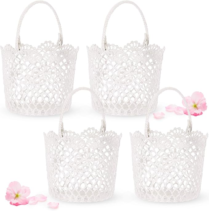 WILLBOND 4pcs White Flower Girl Basket with Handle for Wedding Ceremony, 5.9 x 4.72 x 4.33 Inch