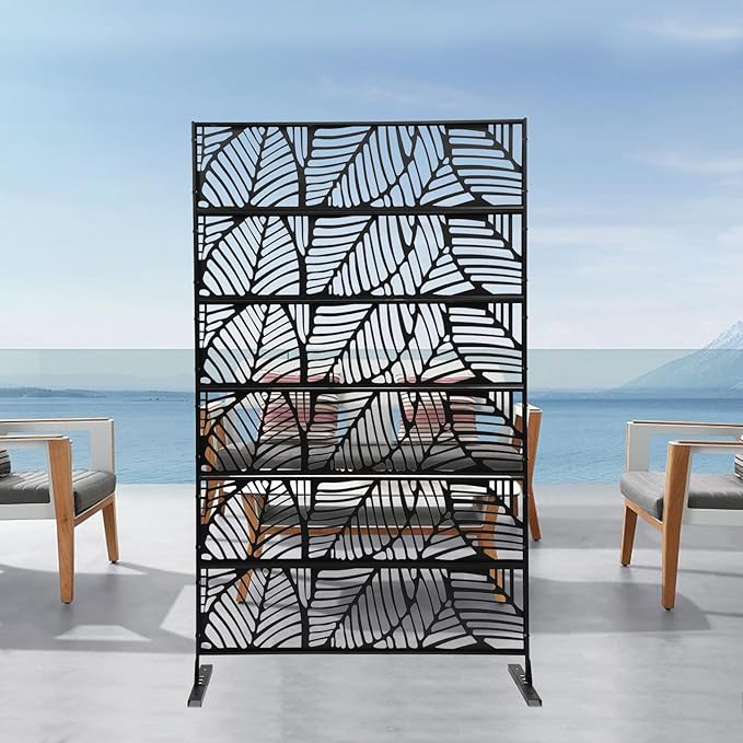 Metal Outdoor Divider 71x40'' Privacy Screens 6 Panels Privacy Fence with Leaf Pattern, Freestanding Decorative Privacy Screen for Patio Balcony Deck Garden Backyard (Model A)