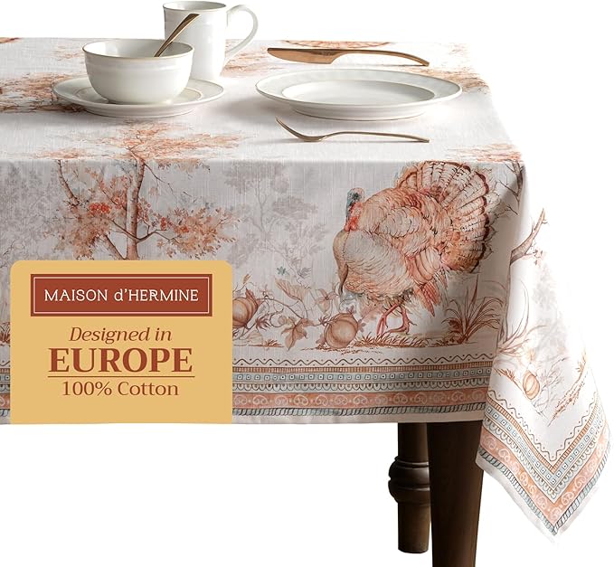 Maison d' Hermine Table Cloth Rectangle Table 100% Cotton 60 x 90 Inches Fall Tablecloth Reusable Everyday Use for Thanksgiving Christmas Decorations Dining Farmhouse Party (Giving Thanks)