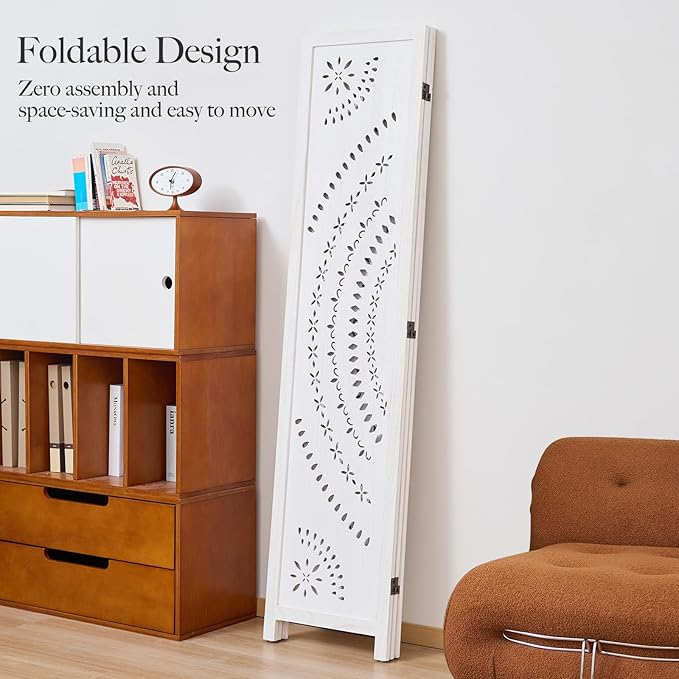 66.9Inch Folding Room Divider, 3 Panels Wood Carved Privacy Screens, Free Assembled Freestanding Partition for Home Office Restaurant Bedroom (White-Washed)