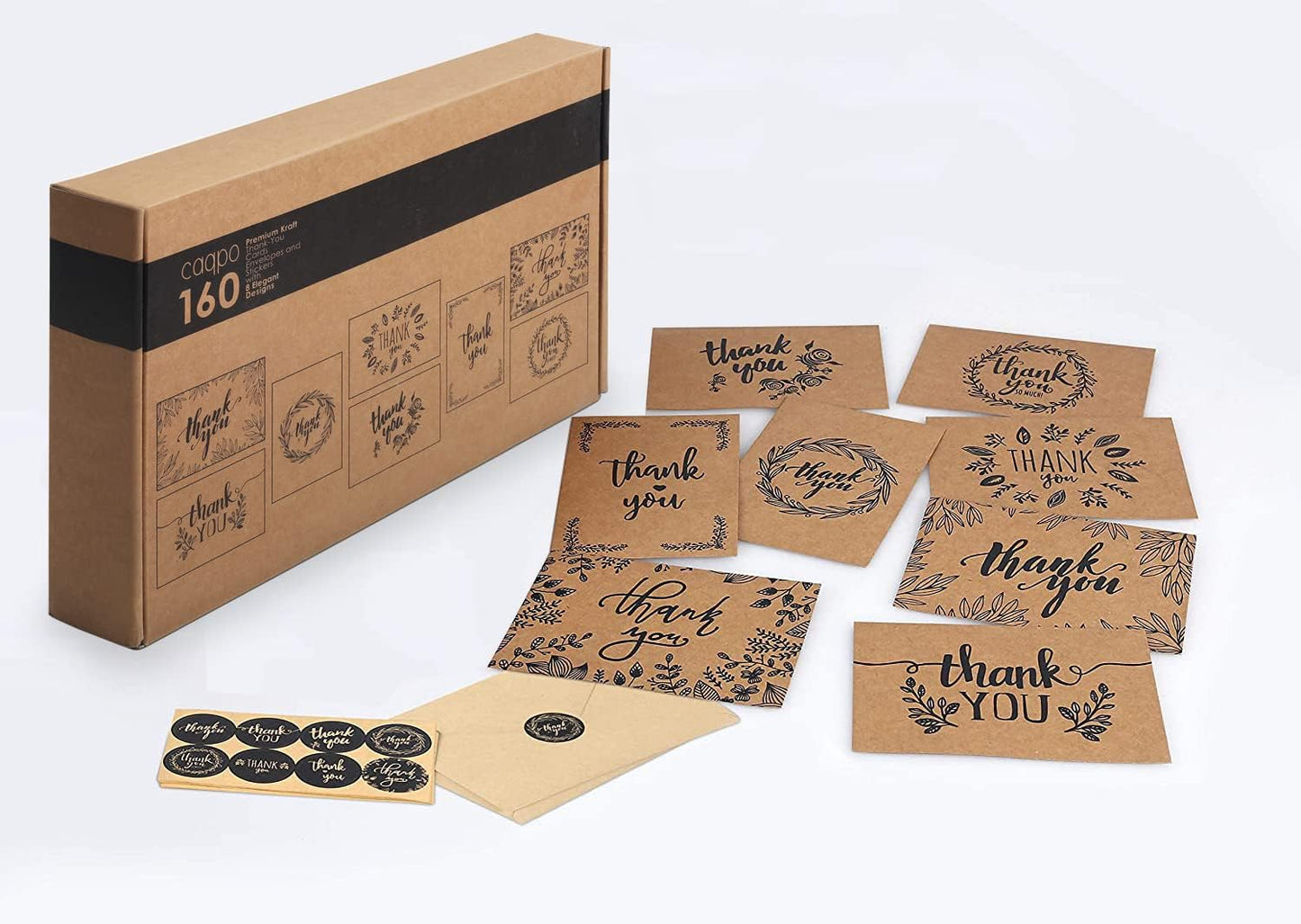 Thank You Cards With Envelopes - 160 Sets Premium Kraft Thank You Cards Bulk - TY Notes with 8 Graceful Designs - Floral Card for Celebration, Wedding, Baby & Bridal Shower 4x6