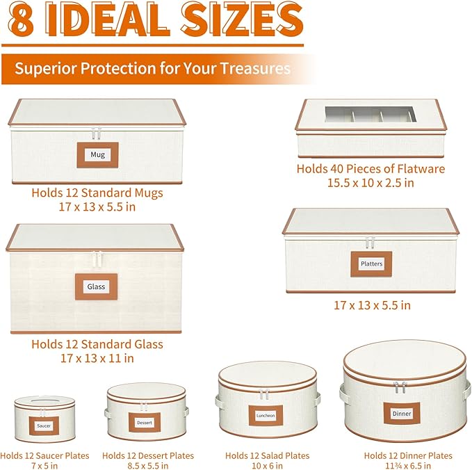 Aokeyee China Storage Containers Hard Shell 8 Piece, Mug, Wine Glass, Utensils, Plate Storage Containers w/Lid, Soft Dividers Felt Pads, Handles, Stackable Storage Organizer for Moving, Party, Ivory