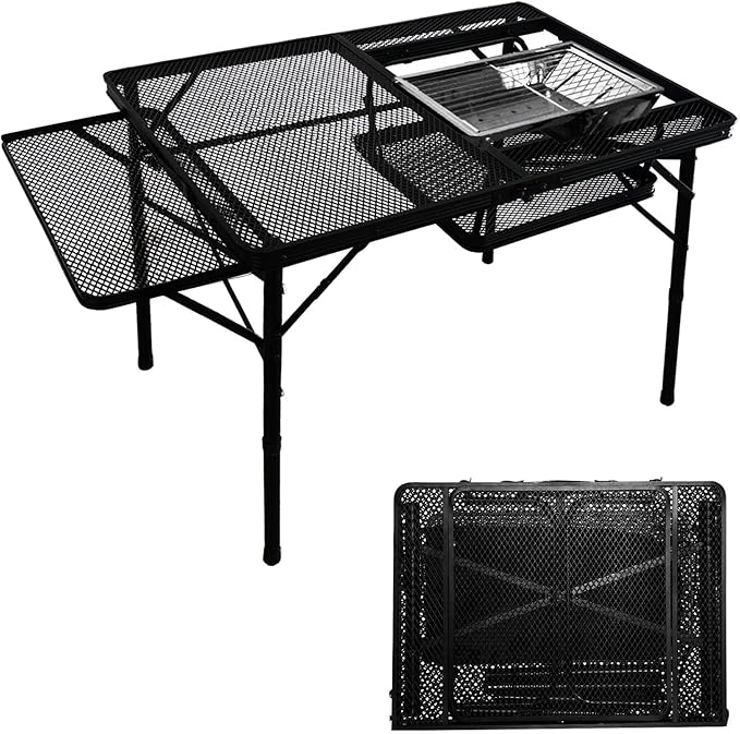 4ft Folding BBQ Table with Wing Plate, Height Adjustable Metal Table with Small Charcoal Grill, Portable Outdoor Table Removable to Two Tables (Bright Black)