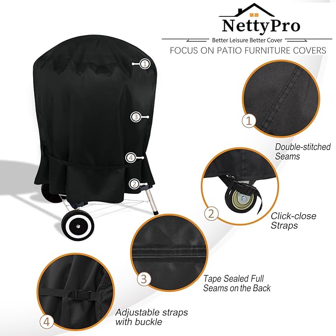 NettyPro Grill Cover for Charcoal Kettle Grill 26 inch, Heavy Duty Waterproof Outdoor Round Smoker Cover, 33" W x 27" D x 38" H, Black