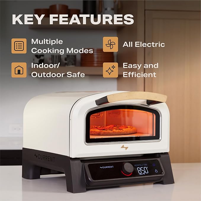 Current Model P Smart Electric Pizza Oven, 12-Inch, 850°F Max, 8 Cooking Modes, App Connectivity for Temperature Monitoring & Custom Cooking Times, Compact for Indoor & Outdoor Use, Beige