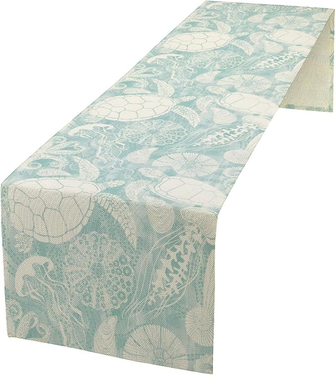 Marine Sea Turtle Table Runner, Ocean Beach Coral Starfish Seashell Table Runner for Kitchen Dining Wedding Party Banquet 13x60in