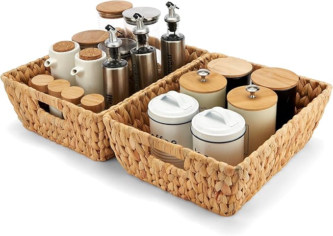 Wicker Baskets 2 Pack, Water Hyacinth Wicker Storage Basket with Handles for Organizing, Handmade Large Baskets, Natural