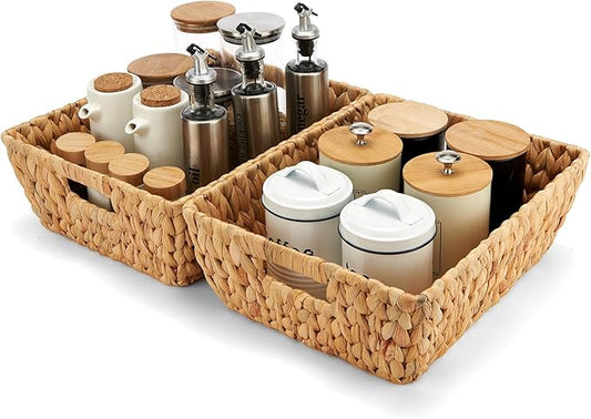 Wicker Baskets 2 Pack, Water Hyacinth Wicker Storage Basket with Handles for Organizing, Handmade Large Baskets, Natural