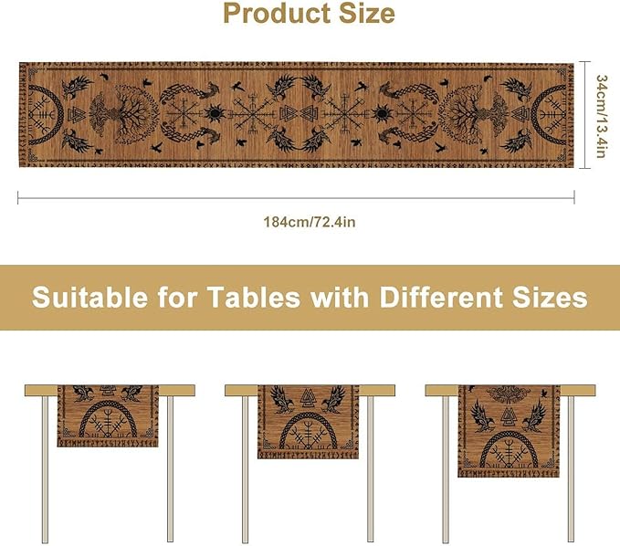 Viking Table Runners, Viking Tree of Life Raven Helmet of Awe Wood Print Table Runner for Home Kitchen Coffee Dining Room Bedroom Party 13x90in