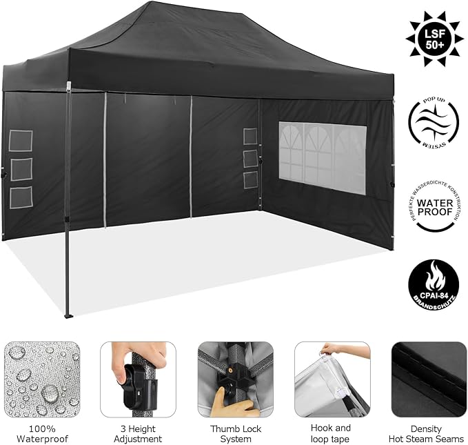 COBIZI 10x15 Pop up Canopy Tent 10x15 Canopy with 4 Sidewalls Waterproof Heavy Duty Commercial Tent for Parties Outdoor Garden Gazebo, Carry Bag(10x15ft, Black)