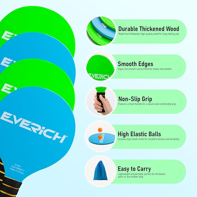 EVERICH TOY Paddle Ball Set – Indoor & Outdoor Racket Game for Kids, Teens, and Adults, Badminton & Camping Games Essentials, Fun for Beach, Yard, and Lawn Play All Year Round