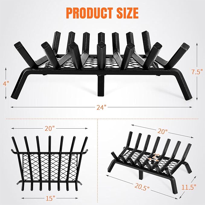INNO STAGE Fireplace Grates with Ember Retainer - 24 Inch Fireplace Log Grate, Wood Stove Grate, Firewood Wood Log Holder Rack,Inside Wrought Cast Iron Fire Grate for Hearth Indoor Outdoor Camping
