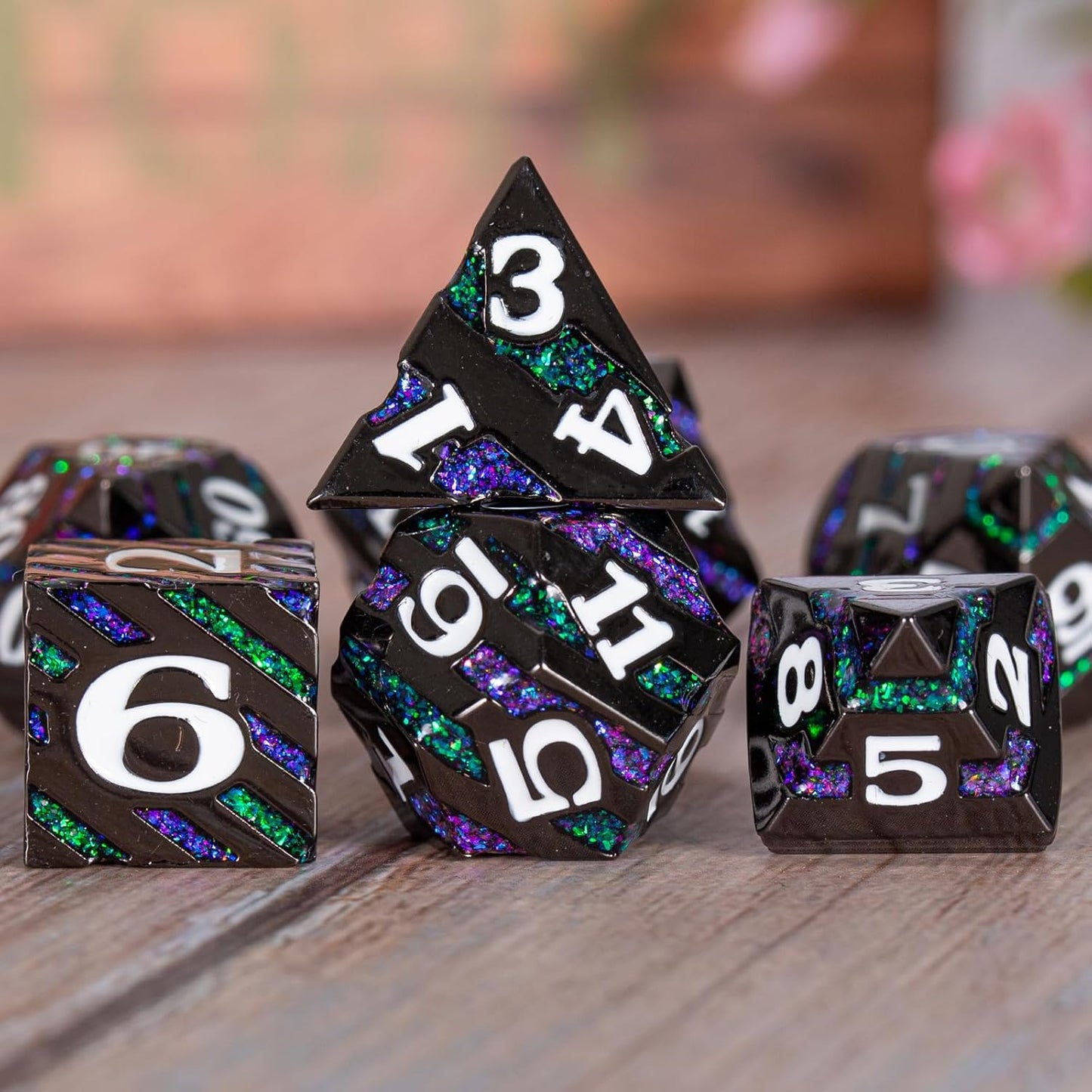 Dungeons and Dragons Dice, Metallic Stripes Dice with Gift Case, Metal Polyhedral Dice Sets for Tabletop Games D&D Role Playing Game (Black Nickel-Purple Green)