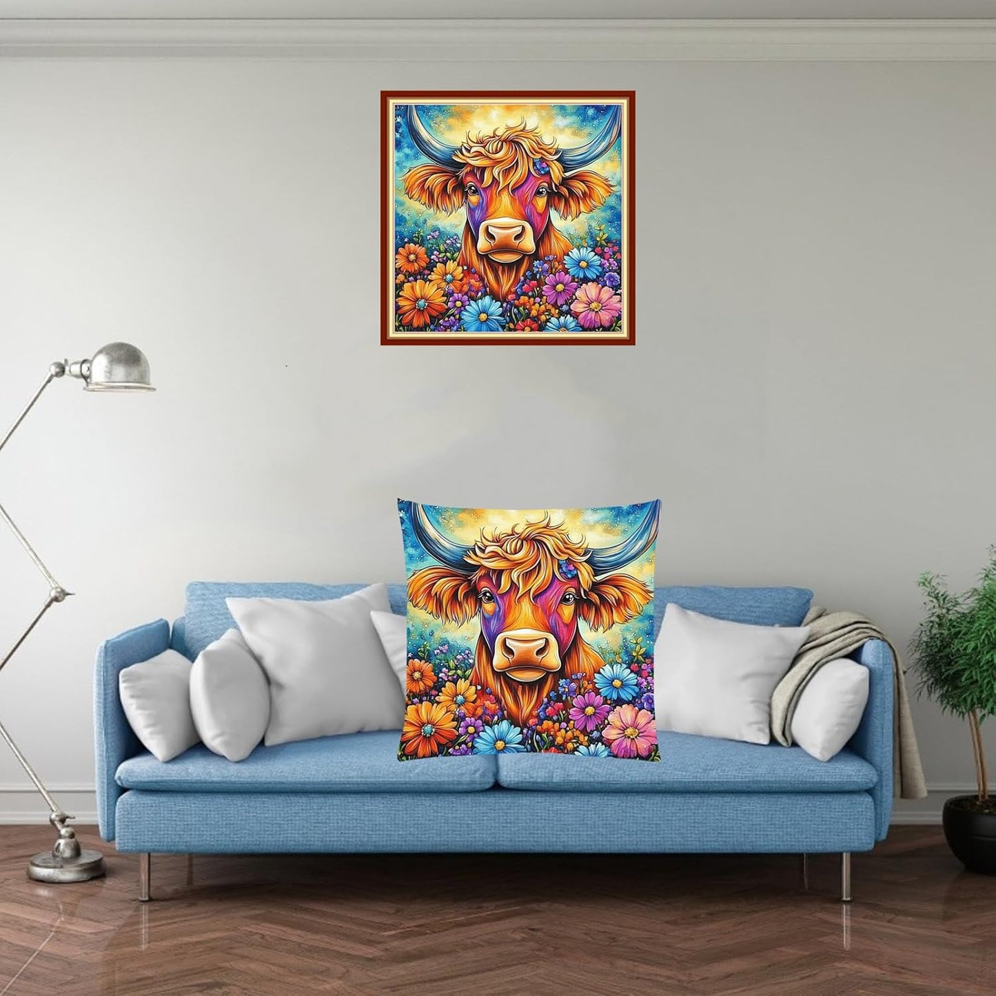 Fanxvivy Stamped Cross Stitch Kits for Adults Beginners Pillow Needlepoint Kit with Embroidery Pattern Needlework Kit Prestamped Stitches Kit 11CT Cross Stitching-Colorful Cow Flowers 18x18 inch