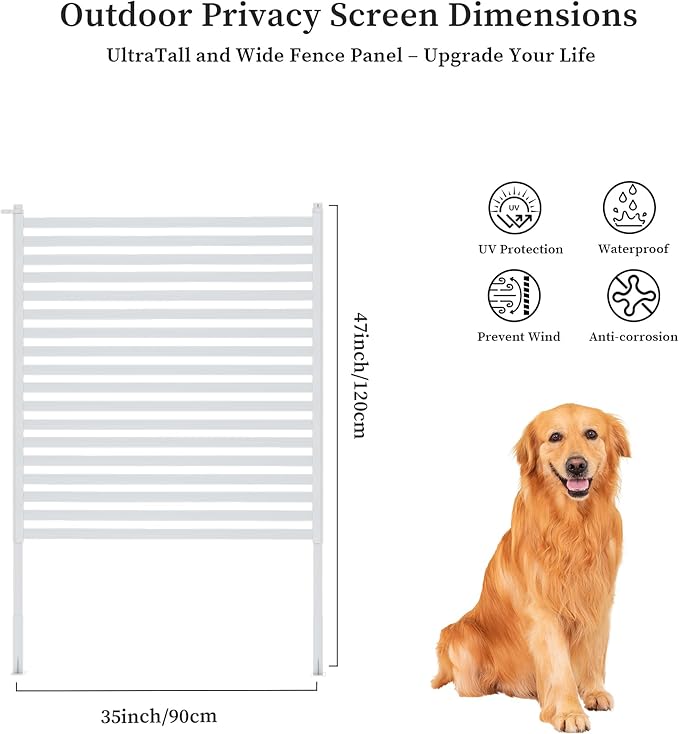 Outdoor Privacy Screen with Stand, Rustproof Metal Fence Panel, 35.43’’x 47.24’’ PE-Coated Steel Slats, Decorative Privacy Fence for Patio, Garden, Backyard, Trash Can, White(1 Panel)