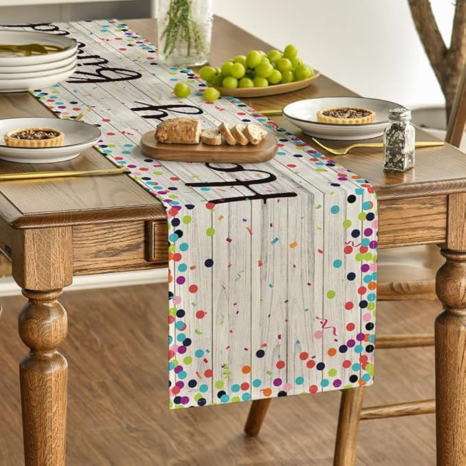 Artoid Mode Polka Dot Wood Happy Birthday Table Runner, Seasonal Kitchen Dining Table Decoration for Home Party Decor 13x72 Inch