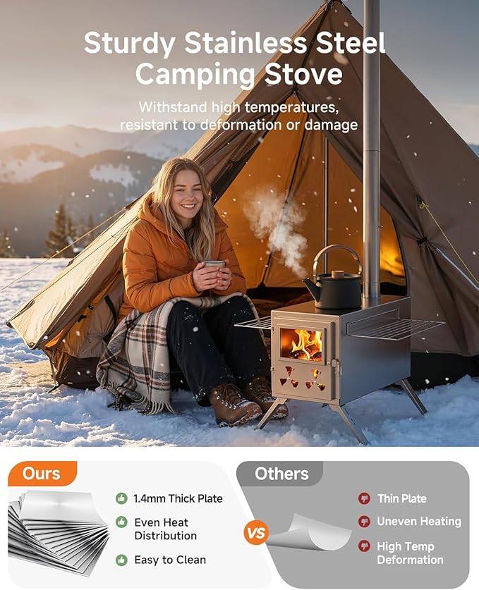 Sauna Hot Tent Stove, Camping Wood Burning Stove with 8 Stainless Chimney Pipes, Portable Folding Wood Stove for Tent, Outdoor Heating, Cooking, Ice Fishing, Hunting