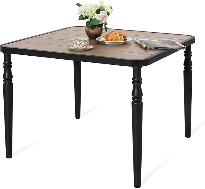 NUU GARDEN 37" Square Outdoor Dining Table, Metal Dining Table with Umbrella Hole, Wood-Grain Tabletop, Weather-Resistant for Garden, Backyard, Deck, Lawn