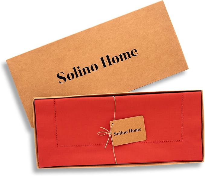 Solino Home Cotton Linen Table Runner 48 Inches - Poppy Red Hemstitch Table Runner 14 x 48 Inch Ideal for Dresser and Coffee Tables, Valentines
