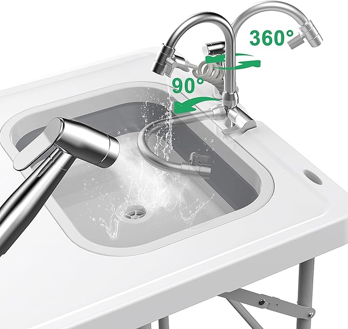 Allpop Fold-in-Half Fish Cleaning Table with Sink & Carrying Bag, 50'' Portable Folding Camping Fish Station with Drainage Hose, Faucet, Sprayer, Storage Box & Grooves for Picnic, White