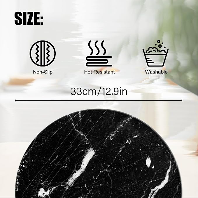 Heat Resistant Placemats Set of 4,Black Marble Round Ding Table Placemat Easy to Clean Waterproof Non-Slip Place Mats Tabletop Protection Kitchen Decoration,13inch