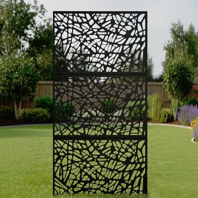 Casaphoria Metal Privacy Screen Outdoor, 72" H x 35" W Freestanding Decorative Privacy Screen for Patio Deck Balcony Garden with Stable Base, Black-Shine