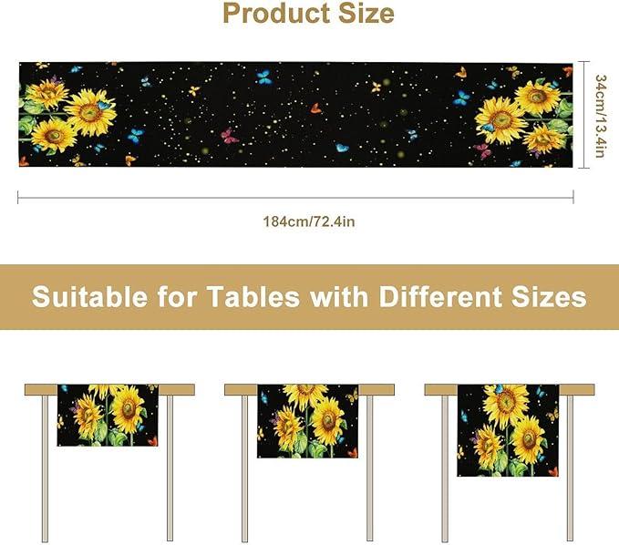 Farmhouse Sunflower Table Runner, Black Starry Spring Yellow Flowers Botanical Butterfly Table Runners for Dining Kitchen Holiday Party Table Decor, 13x36inch