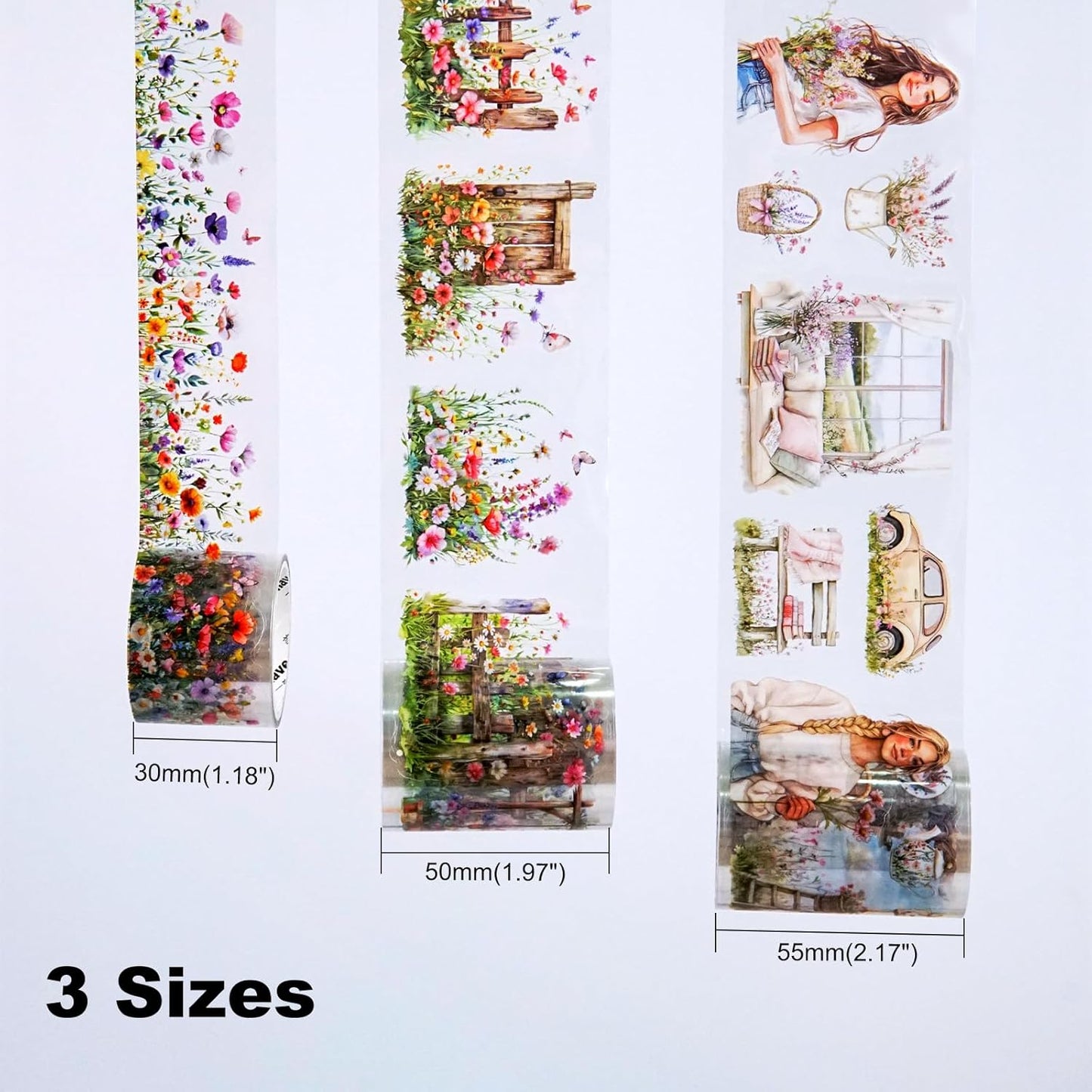 Spring Garden PET Tape Set, 3 Rolls Pre-Cut Wildflower Stickers for Scrapbooking, Journaling, DIY Crafts, and Collage Art (30 mm/50 mm/55 mm)