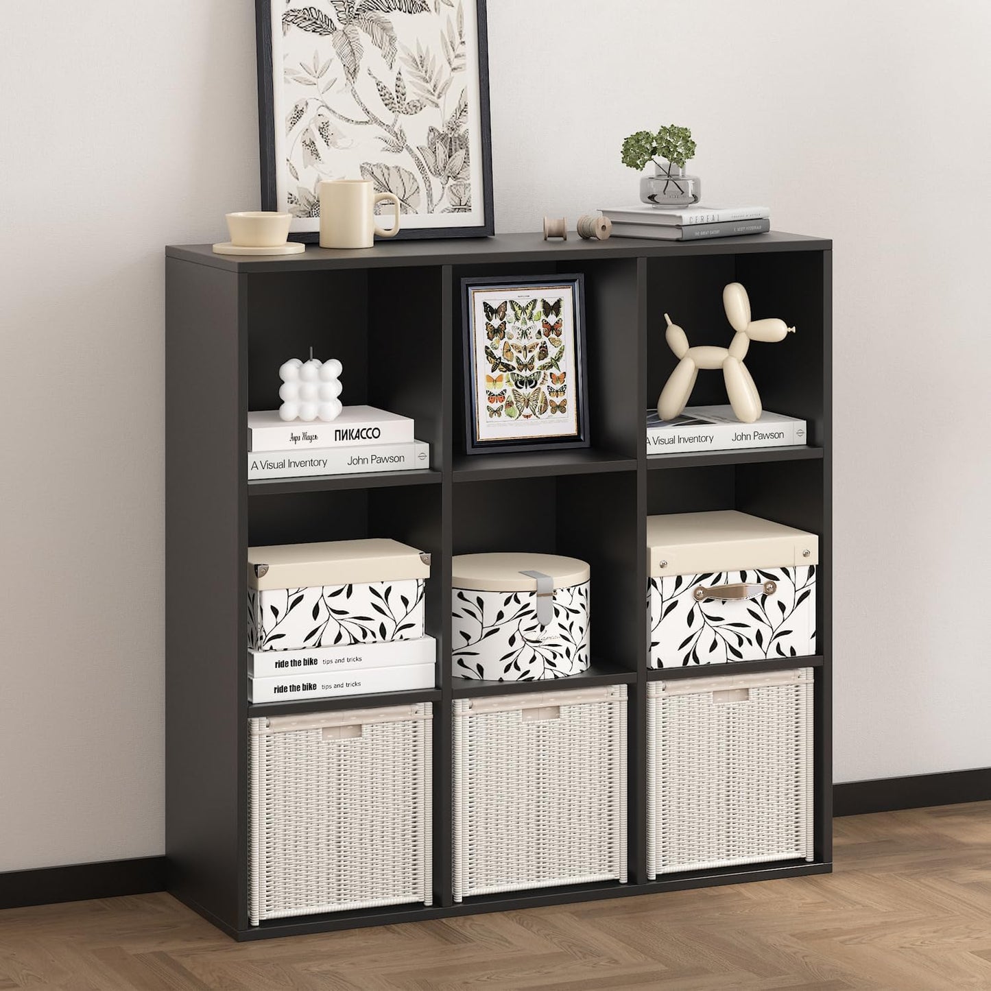 Wooden 9 Cube Storage Organizer with Closed Back Panel,Black Cube Shelf Heavy Duty Cubby Storage Organizer with Compartments for Living,Display Shelf,Bookshelf