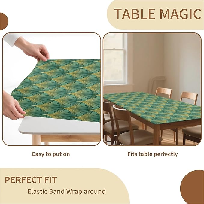 Rectangle Table Cloth Cover Waterproof Elastic Fitted Polyester Fitted Tablecloths for 6 Foot Tables for Indoor,Picnic, Camping, Outdoor （72" x 30"，Green Sector Geometry）