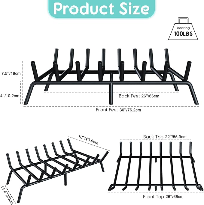 30-Inch Fireplace Grate, Heavy Duty 8-Bar Log Rack Holder Made of Solid Round Steel for Indoor/Outdoor Fire Pits, Wood Stoves & Kindling Tools