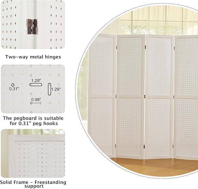 Room Divider Freestanding Folding Pegboard Privacy Screen 4-Panel Display Stand for Jewelry Craft Shows Retail Natural Wood Portable Space-Saving