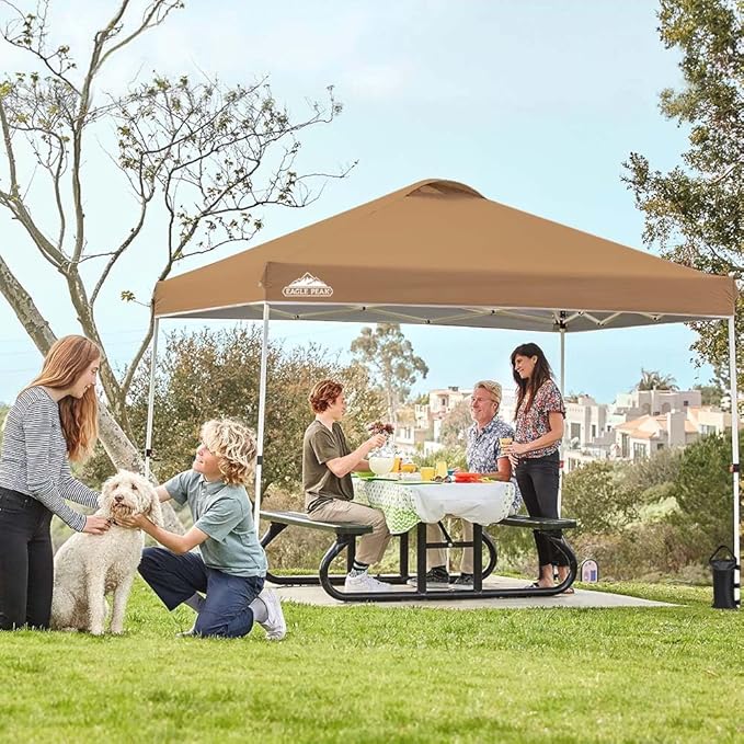 EAGLE PEAK Pop Up Canopy Tent with Wheeled Carry Bag, 8 Stakes, 4 Ropes, 4 Weight Bags, Easy Set Up Tent Canopy, 10x10 ft, 100sqft of Shade, Khaki