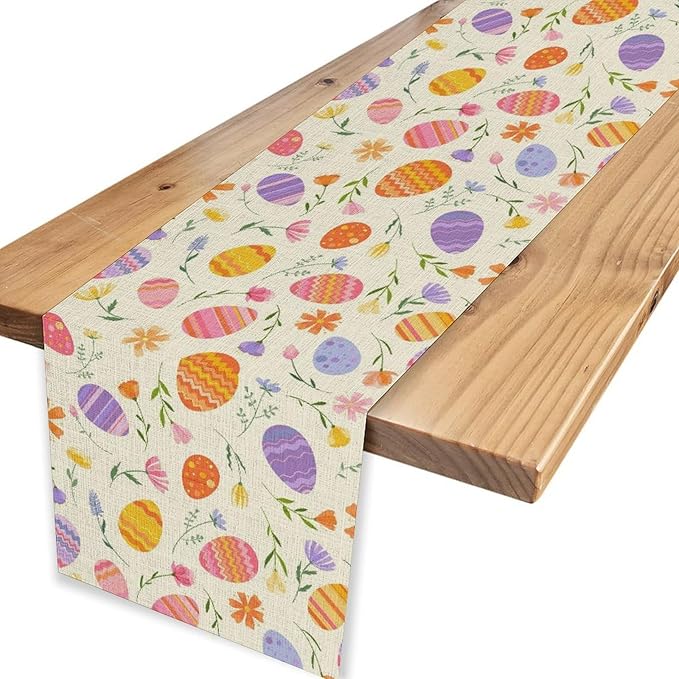 Easter Egg Table Runner,Colorful Egg Pattern Flowers Spring Summer Seasonal Table Center Decor for Family Kitchen and Living Room Outdoor Farmhouse Party Table Decorations, 13"x36"