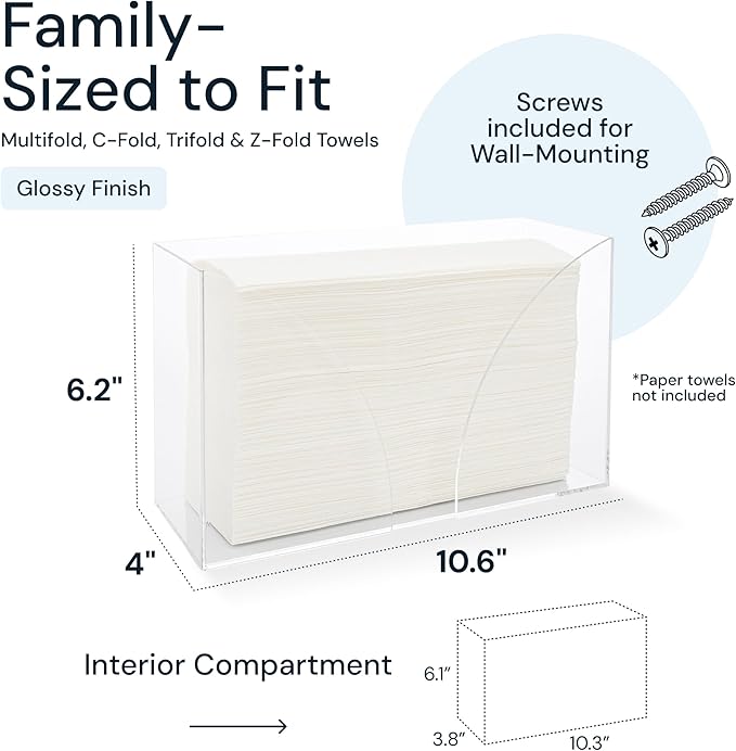 Acrylic Paper Towel Holder Countertop - Clear Folded Hand Towel Dispenser for Bathroom & Kitchen - Fits Multifold, Z-Fold, C-Fold Napkins - Small Space Organization Guest Tray