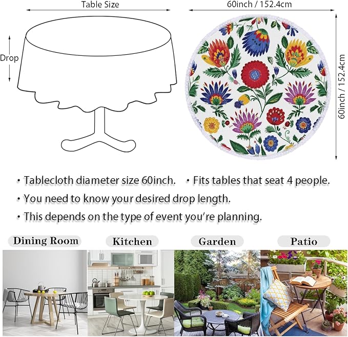 Round Tablecloth Waterproof Table Cloth for Kitchen Dinning Wedding Party Tabletop Decor,Exotic Mexican Flower Leaves Table Cover with Lace Trim,60 Inch