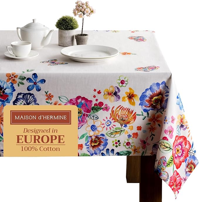 Maison d' Hermine Table Cloth Rectangle Table 100% Cotton 70 x 120 Inches Tablecloth Reusable for Dining Room, Farmhouse, Home, Party, Festive & Wedding Spring Summer - Happy Florals - High Summer