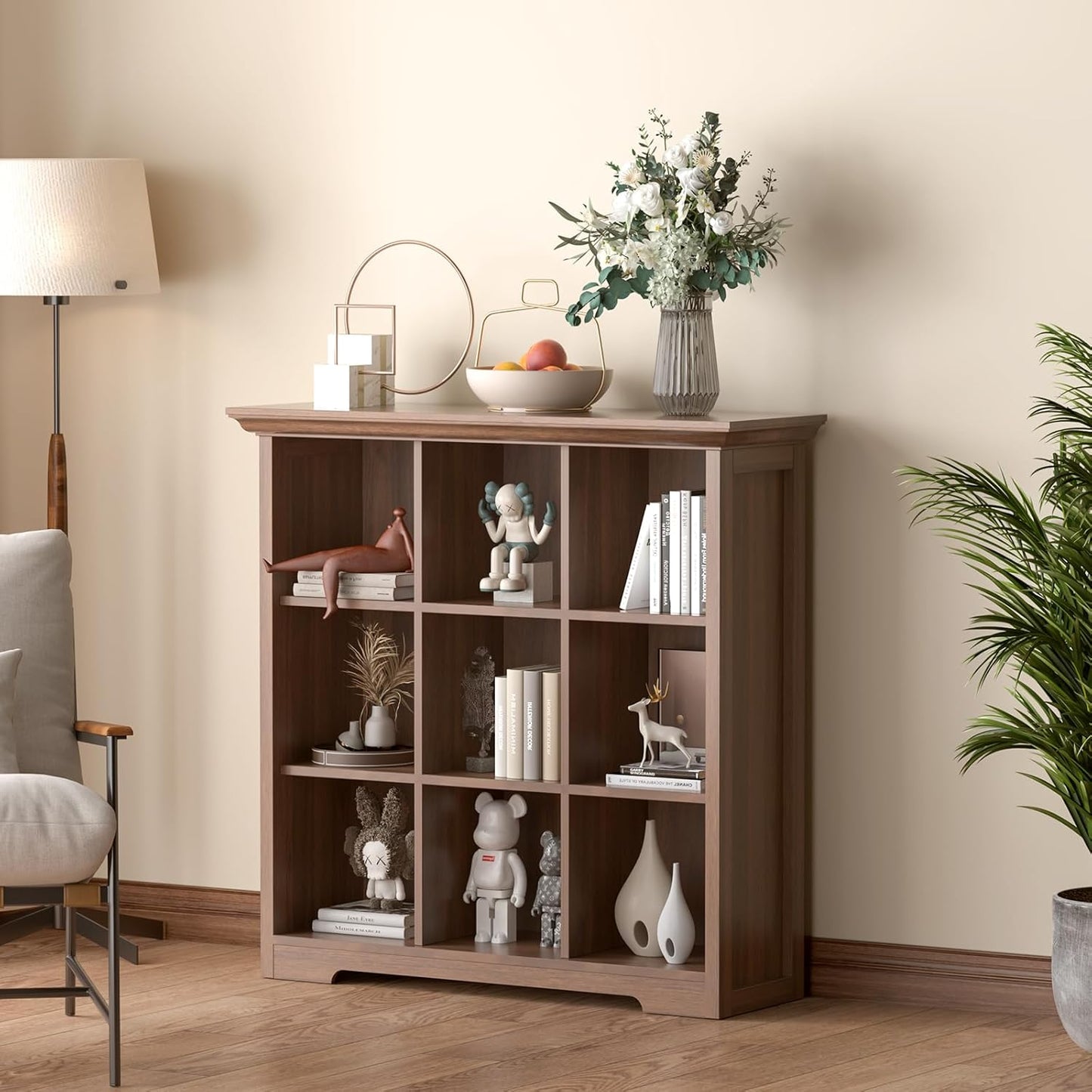 Cube Shelf Bookcase with Base - Wooden 3 Tiers Floor Standing Low Storage Cabinet for Home and Office, 9-Cube Lattice Bookshelf, Walnut