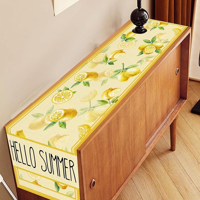 Summer Lemon Table Runner, Farmhouse Seasonal Spring Yellow Fresh Fruits Country Coffee Cafe Table Center Decor for Home Kitchen Dining Party Patio Indoor Outdoor Table Decorations, 13"x72" Inch