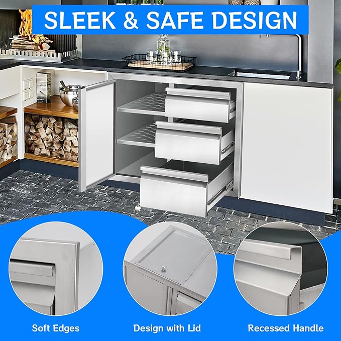 Outdoor Kitchen Drawer Combo Cabinet, Stainless Steel Triple Drawers with Integrated Access Door, 28" W x 22" H x 19.5" D Outdoor Built-in Cabinet for BBQ Island Grill Stations