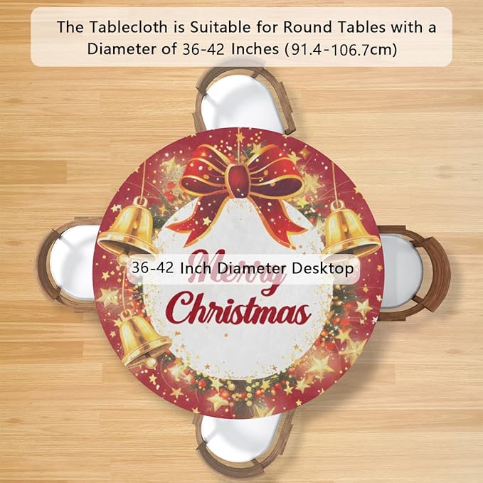 Merry Christmas Bell Bow Round Table Cloth Cover, Elastic Edge Waterproof Wipeable Tablecloths 36"-42" Polyester Tablecloth for Party Restaurant Banquet Holiday Camping Outdoor Picnic
