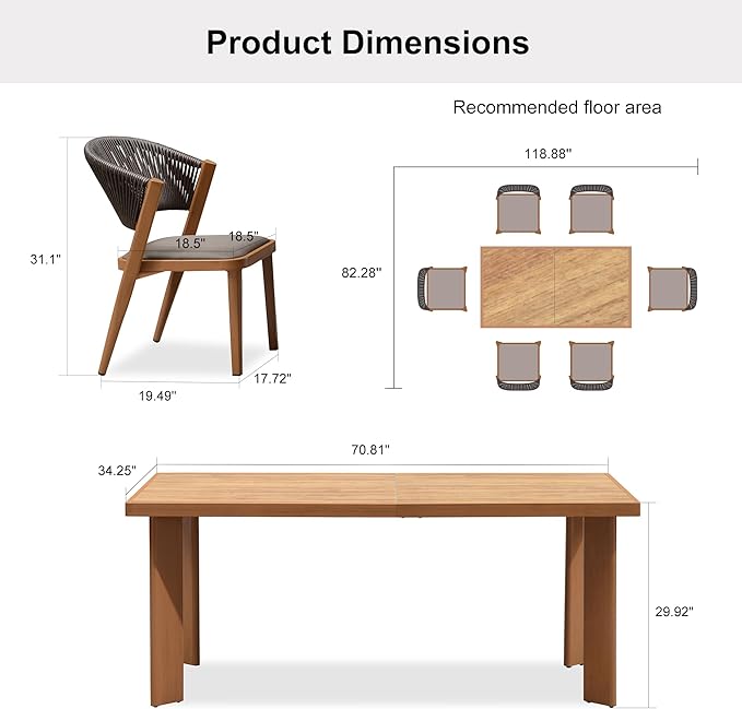 PURPLE LEAF 7-Piece Patio Dining Set Outdoor Furniture Rectangular Table and Chairs Set with Aluminum Frame and Teak-Finish for Garden Deck Backyard Kitchen Deep Teak Outdoor Set
