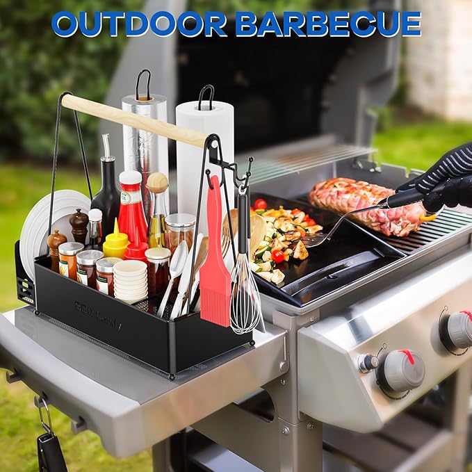 Grill Caddy, BBQ Caddy for Outdoor Grill with 2 Paper Towel Holders, Picnic Condiment Utensil Caddy, Camping Essentials, RV, Tailgating, Grilling Accessories, Camping Kitchen, Gifts for Men