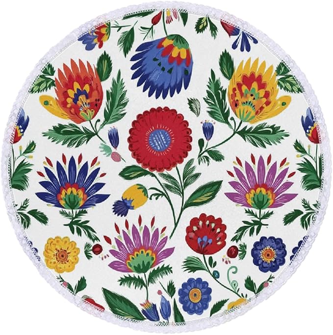 Round Tablecloth Waterproof Table Cloth for Kitchen Dinning Wedding Party Tabletop Decor,Exotic Mexican Flower Leaves Table Cover with Lace Trim,60 Inch