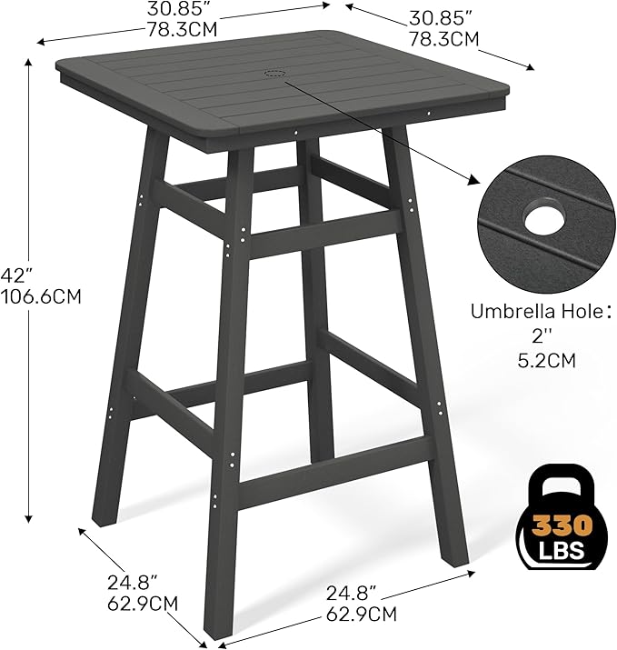 Costaelm Outdoor Bar Table, 42" Counter Height Square Patio Cocktail Bar Table with Umbrella Hole, Patio Bistro Dining Pub Table for Front Porch Deck Backyard Garden, Gray