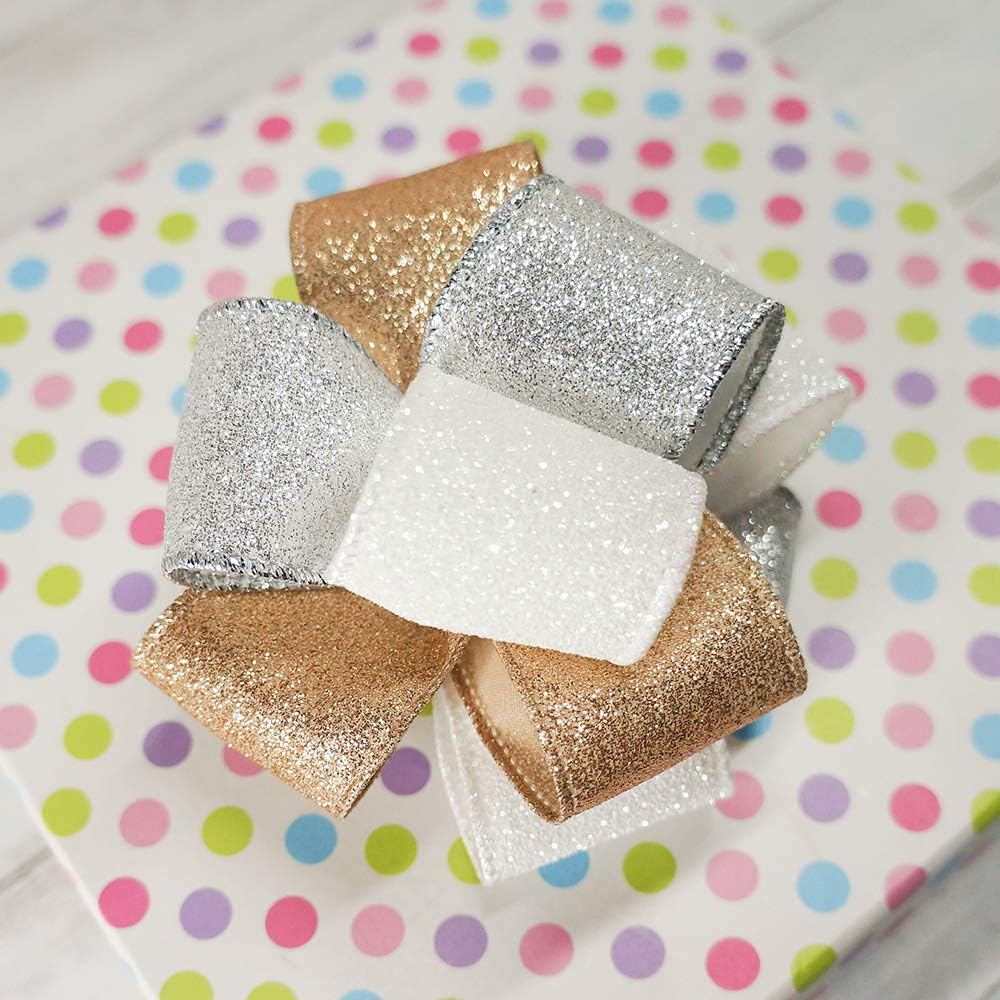 CT CRAFT LLC Glitter Wired Ribbon 1.5" x 10 Yards White for Christmas Home Decor Bow Gift Wrapping DIY Crafts Wreath